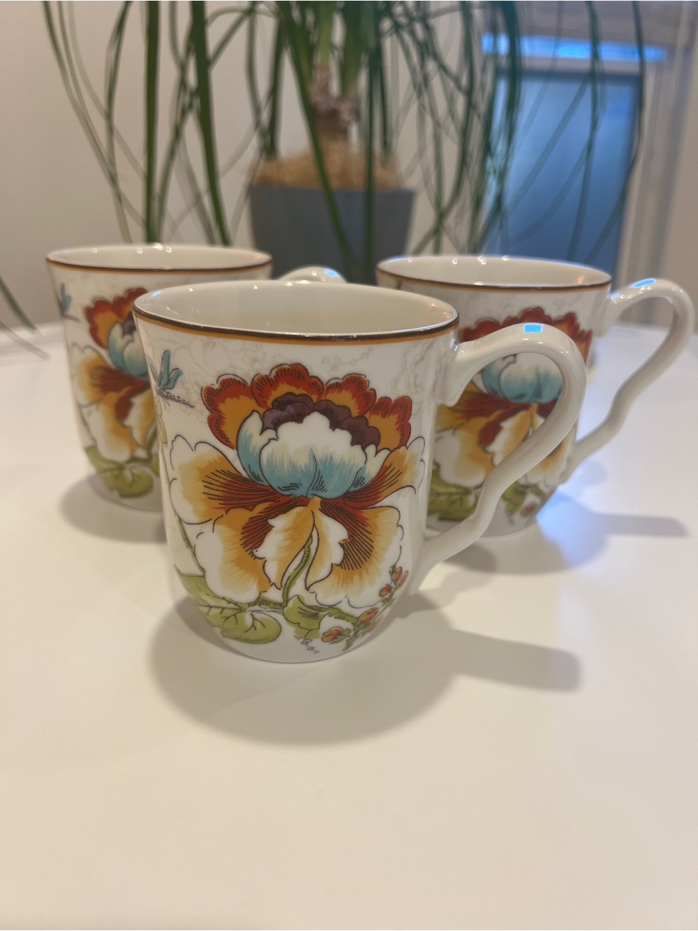 (3) 222 Fifth Bella Vista Floral Porcelain Mug - White with Multicolor Floral